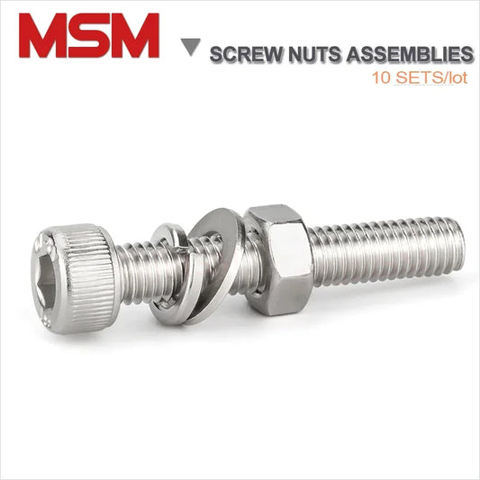 10 SETS Stainless Steel Hex Round Head Screw Plus Nuts Flat Washer Single Coil Spring Gasket Assemblies Bolts  M3 M4 M5 M6