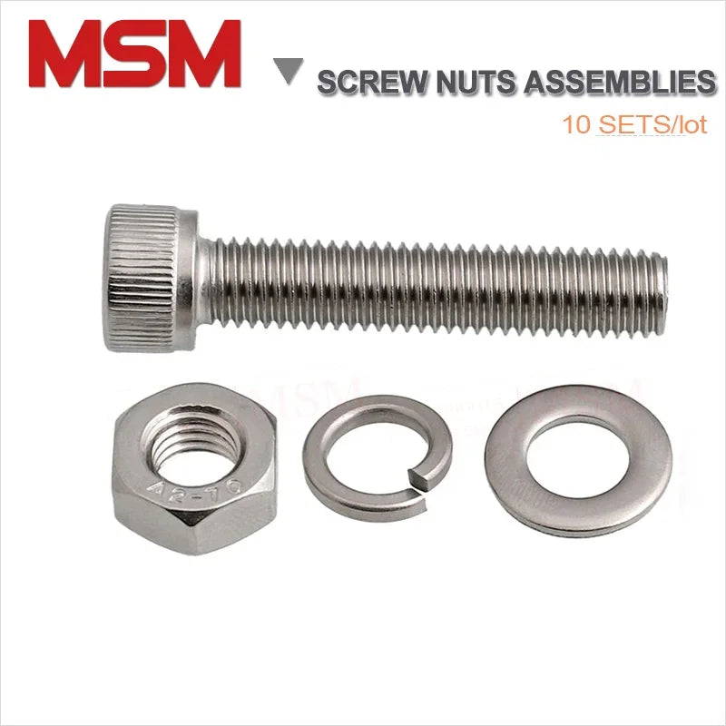 10 SETS Stainless Steel Hex Round Head Screw Plus Nuts Flat Washer Single Coil Spring Gasket Assemblies Bolts M3 M4 M5 M6