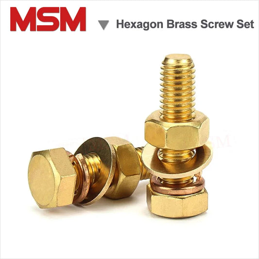 10 Sets Brass Hexagon Head Screw Nut Plain Washer Elastic Washer Combination Non-magnetic 4 in 1 Set M4 M5 M6 Copper Screw Set