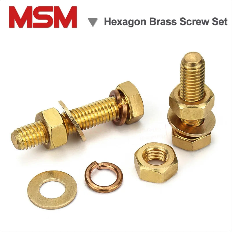 10 Sets Brass Hexagon Head Screw Nut Plain Washer Elastic Washer Combination Non-magnetic 4 in 1 Set M4 M5 M6 Copper Screw Set