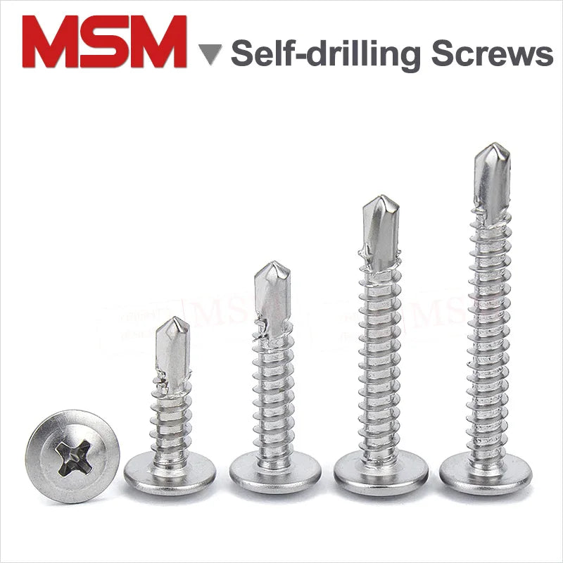 100 Pcs Stainless Steel Cross Recess Round Washer Head Self-drilling Screws With Self Tapping Thread M4.2 M4.8