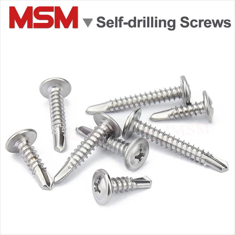 100 Pcs Stainless Steel Cross Recess Round Washer Head Self-drilling Screws With Self Tapping Thread M4.2 M4.8