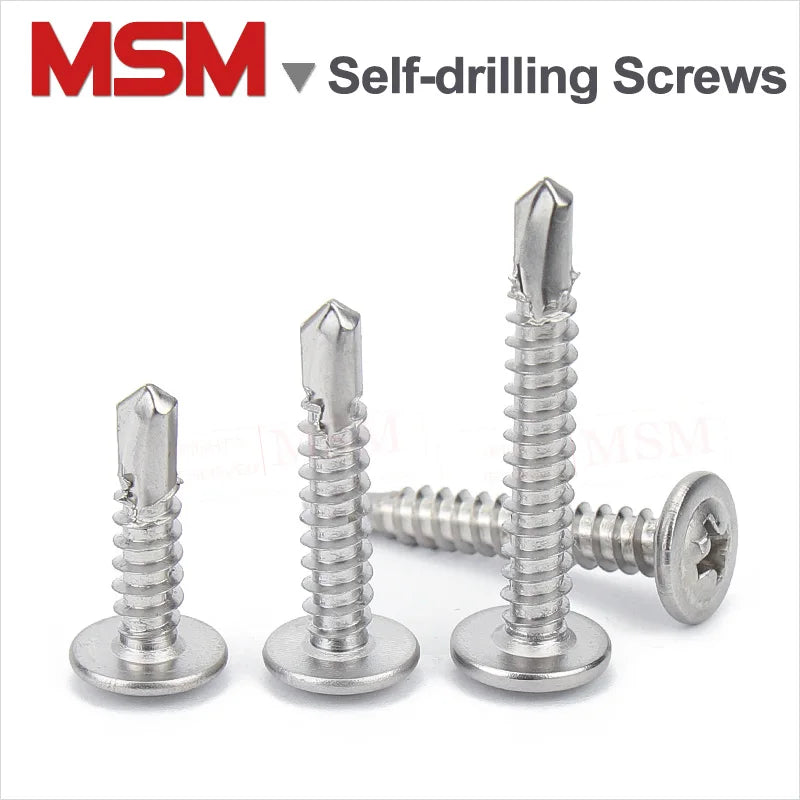 100 Pcs Stainless Steel Cross Recess Round Washer Head Self-drilling Screws With Self Tapping Thread M4.2 M4.8