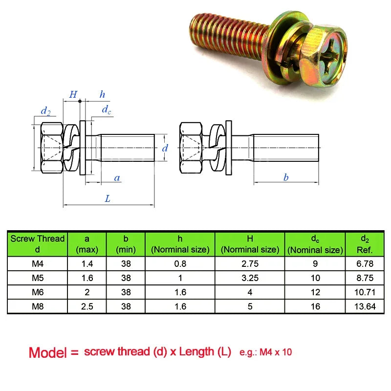 100pcs Carbon Steel Color Zinc Cross Recessed Hexagon Bolt with Single Coil Lock Washer and Plain Washer M3 M4 M5 M6 M8 M10