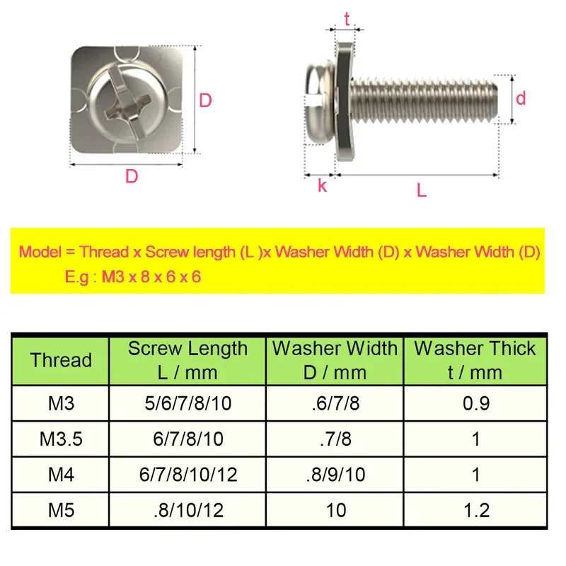 100pcs Carbon Steel Nickel Plated Cross Drive Pan Head Screw with Square Washer M3/3.5/4/5 Philip Terminal Block Screw Sem Screw