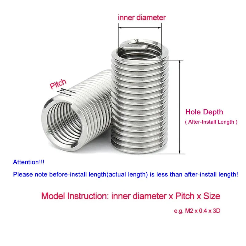 100pcs Coiled Wire Helical Screw Sleeve Sheath 304 Stainless Steel Helicoil Thread Insert Wire BracesThread Repair Kit M2~M6