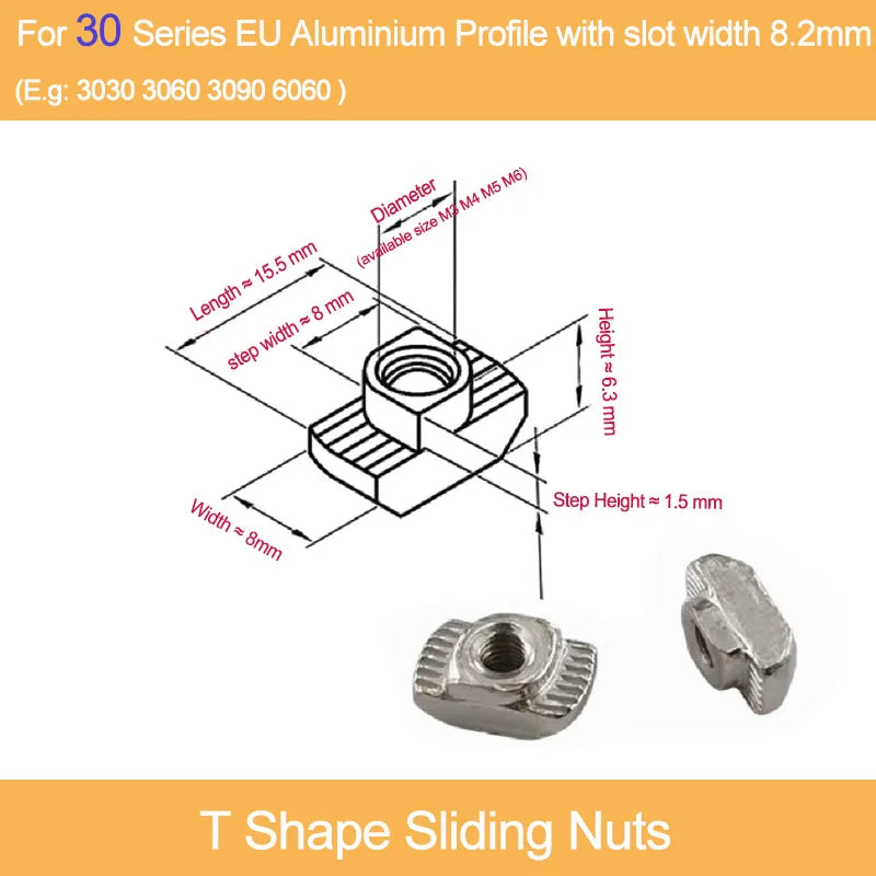 100pcs Nickel Plated T Nut M3/4/5/6 T Shape Drop in Sliding Nut for EU Profile 1515 2020 2525 3030 4040 4545 Series T-slot Nut