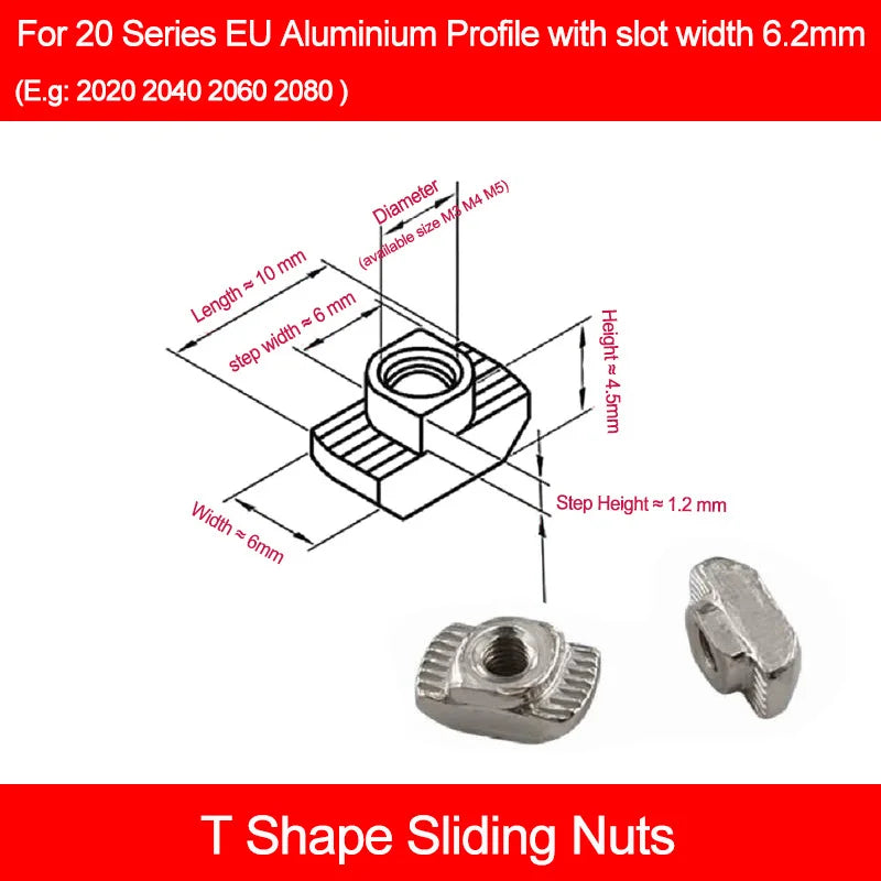 100pcs Nickel Plated T Nut M3/4/5/6 T Shape Drop in Sliding Nut for EU Profile 1515 2020 2525 3030 4040 4545 Series T-slot Nut