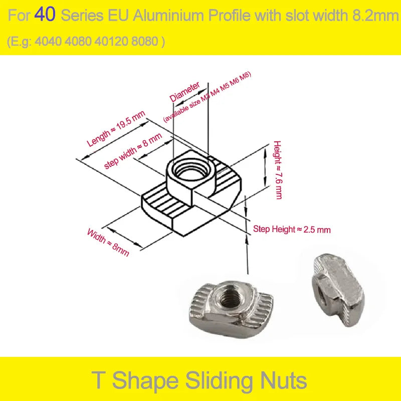 100pcs Nickel Plated T Nut M3/4/5/6 T Shape Drop in Sliding Nut for EU Profile 1515 2020 2525 3030 4040 4545 Series T-slot Nut
