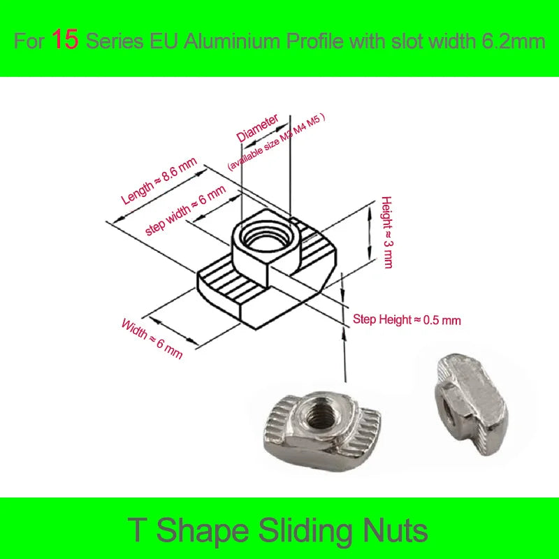100pcs Nickel Plated T Nut M3/4/5/6 T Shape Drop in Sliding Nut for EU Profile 1515 2020 2525 3030 4040 4545 Series T-slot Nut