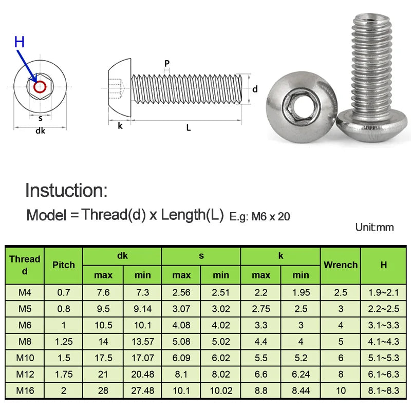 10pcs Stainless Steel Hexagon Socket Button Head Hollow Screws and Nuts M4 M5 M6 M8 M10 M12 M16 Screw with Air Through Hole