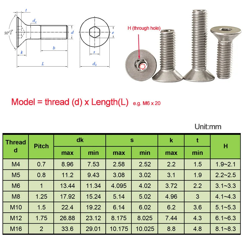 10pcs Stainless Steel Hexagon Socket Flat Countersunk Head Hollow Screw with Nuts M4/5/6/8/10/12/16 Screw with Air Hollow Hole