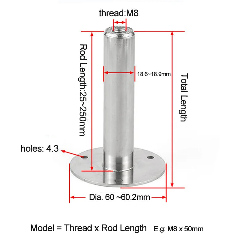 1pc Stainless Pipe Clamp Support Length 25mm~250mm Welded Round Base Supporting Foot with M8 Nut for Pipe Bracket Installing