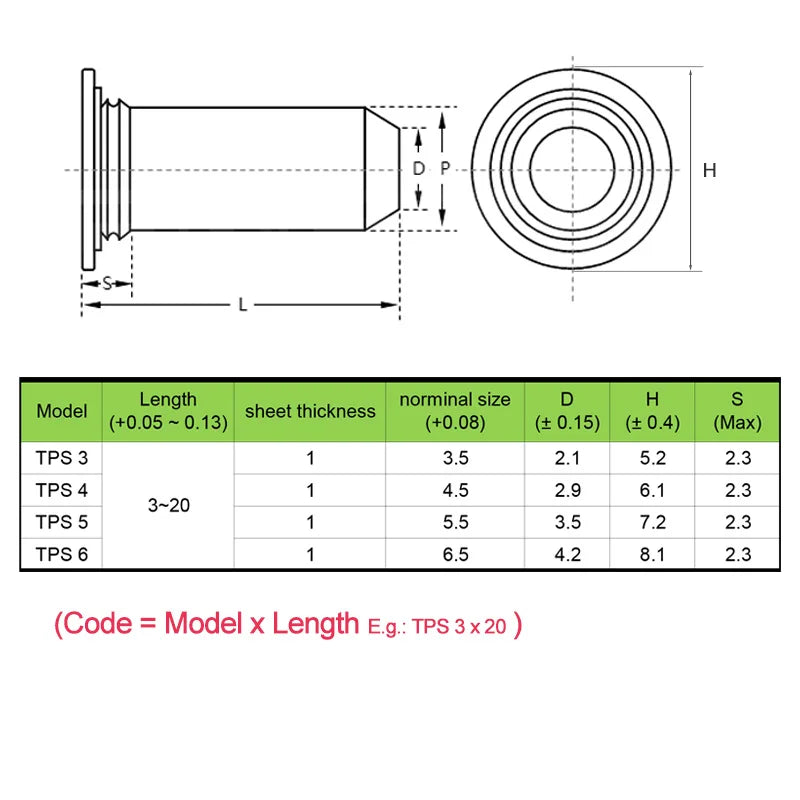 20pcs Stainless Steel Flush-Head Pilot Pins TPS 3 4 5 6 Self-Clinching Press Riveted Positioning Pins For Sheet of 1mm
