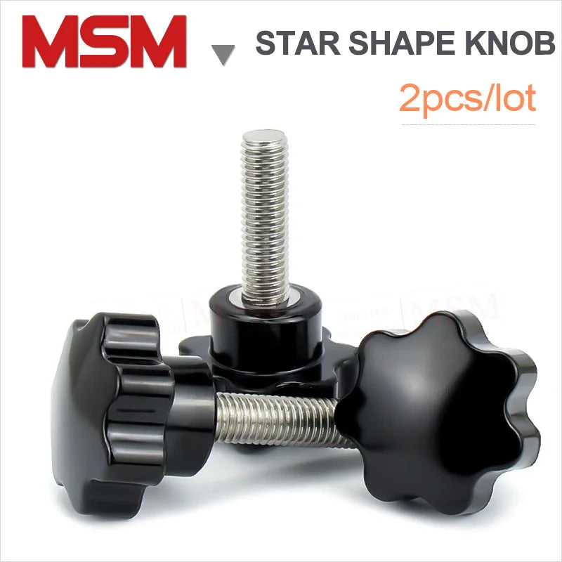2PC Black Star Shape Thread Clamping Handle Bolt Bakelite Hand Knob With Stainless Steel Tightening Screw Seven PetalM4/5/6/8/12