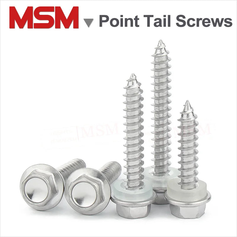 40 Pcs Stainless Steel Higher Hardness Hexagon Head Point Tail Screws With Self Tapping Thread And Waterproof Pad M5.5