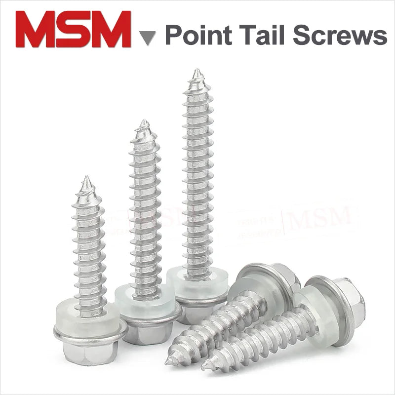 40 Pcs Stainless Steel Higher Hardness Hexagon Head Point Tail Screws With Self Tapping Thread And Waterproof Pad M5.5