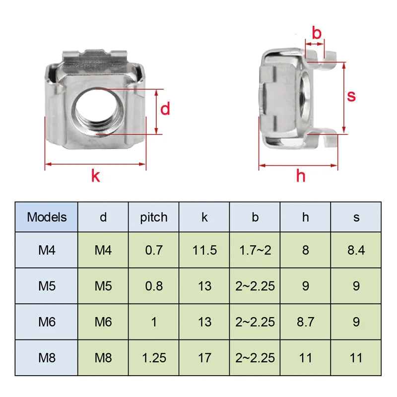 5pcs M4 M5 M6 M8 Square Clip Floating Cage Nut 304 Stainless Steel Cassette Elastic Enclosure Nuts for Server Cabinet Shelf Rack
