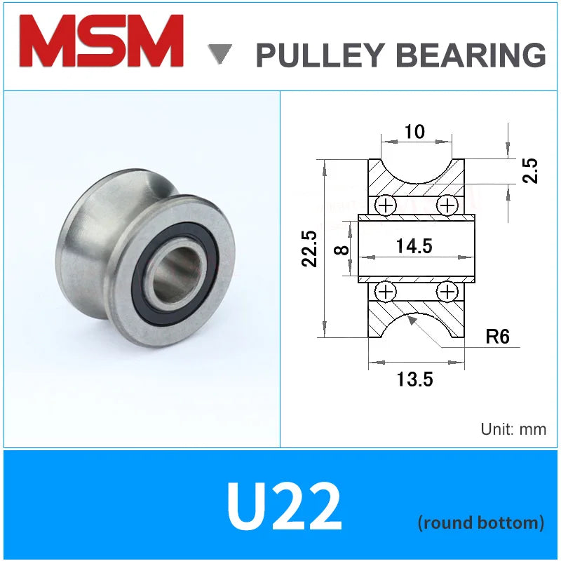 5pcs MSM U22 8mm U Groove Ball Bearings T22 Track Pulley Roller Wheel M8 Bolt Screw 8x22.5x14.5x13.5mm Trace Rail Guide Bearing