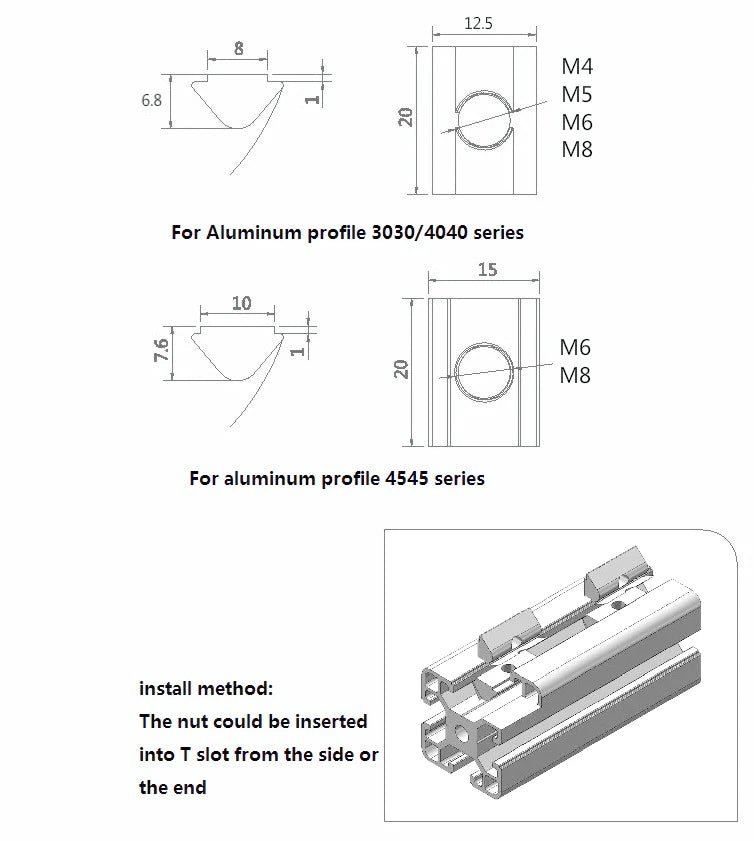 20/50/100PCS Zinc Plated Half Round Nut With Spring Sheet For Aluminium Extrusion Profile of 30/40/45 Series Press In Nuts
