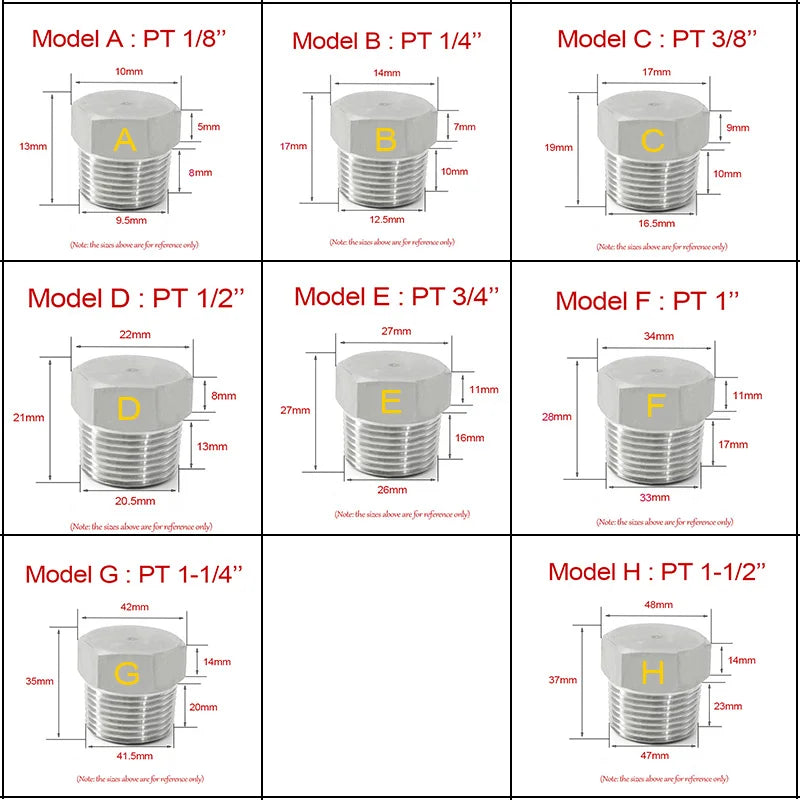PT/BSPT Stainless Steel Male Threaded Hexagon Head Socket Plugs End/Throat/Oil Plugs 1/8" 1/4" 3/8" 1/2" 3/4" 1" 1-1/4" 1-1/2"