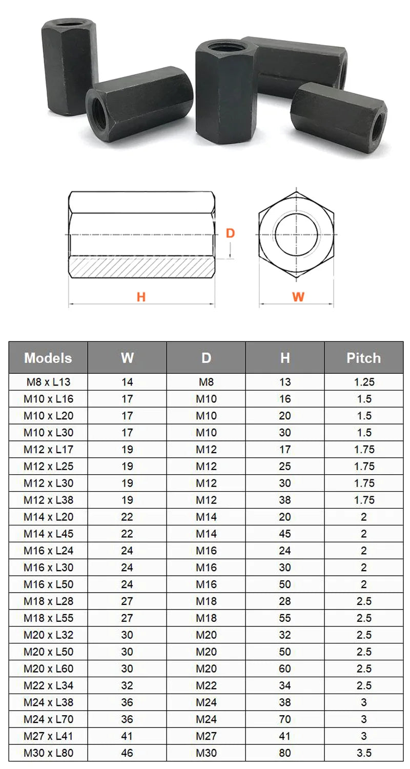 5/2PCS High Intensity Grade 8.8 Hex Coupling Nut Thicken Long Connecting Nuts Metric Standard M8~M30 For CNC Lathe Mold Clamping