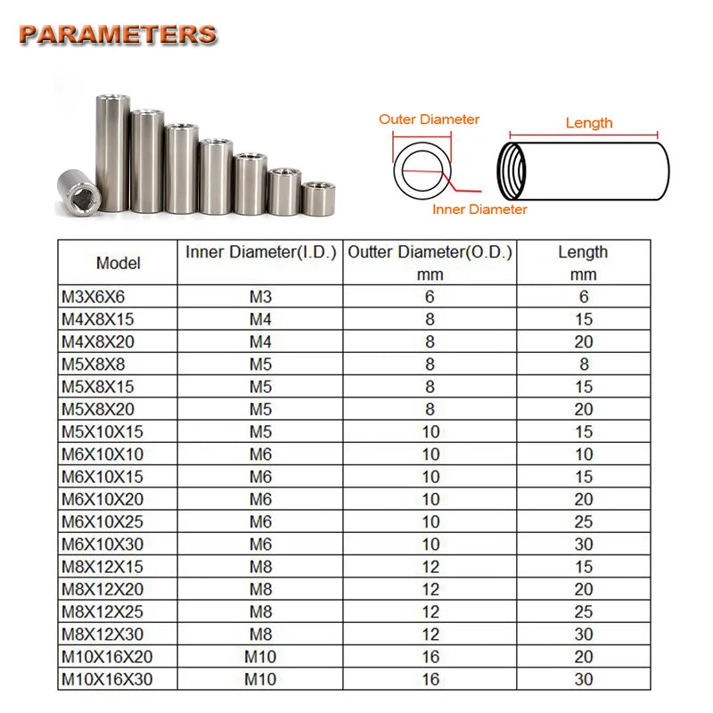 10PCS Stainless Round Coupling Nuts Internal Thread Connecting Cylindrical Extend long Lead Screw Connection M3 M4 M5 M6 M8 M10