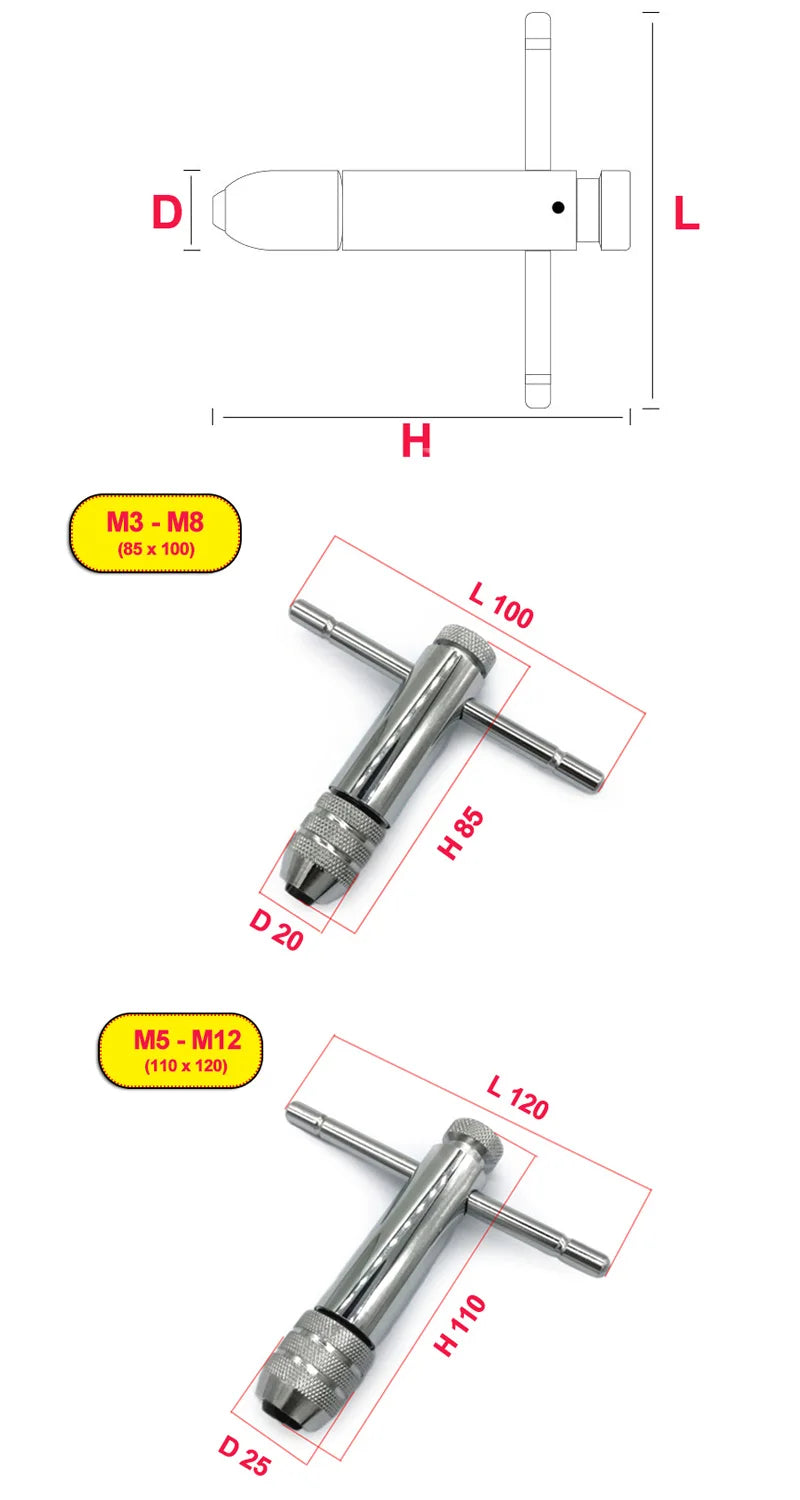 1 Pc MSM Reversible T Type Handle Ratchet Tap Wrench M3-M8 85x100 M5-M12 110x120 For Tap Die Adjustable Tap Wrench Holder Tool