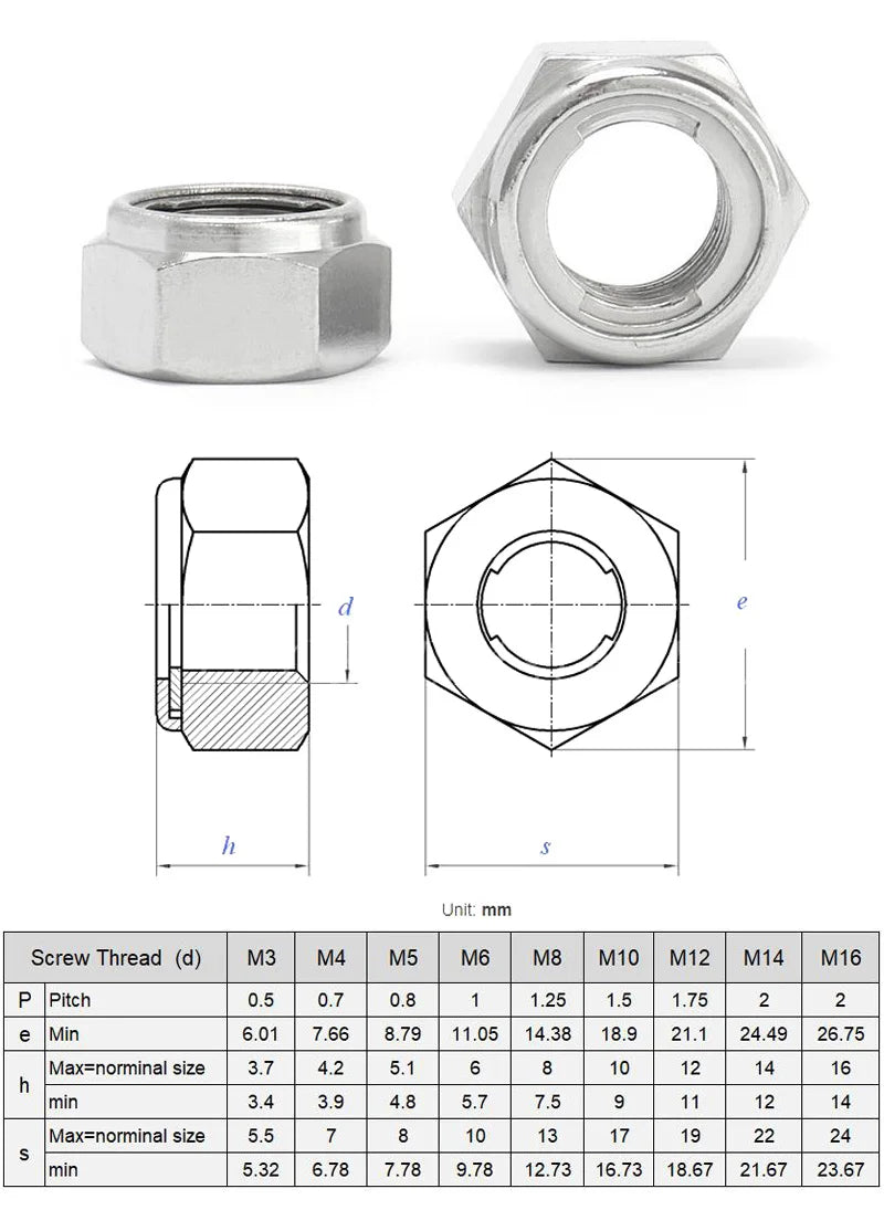 10 Pcs Stainless Steel All Metal Insert Hexagon Lock Nut Prevailing Torque Type Hex Self Locking Nut M3 M4 M5 M6 M8 M10 M12 M14