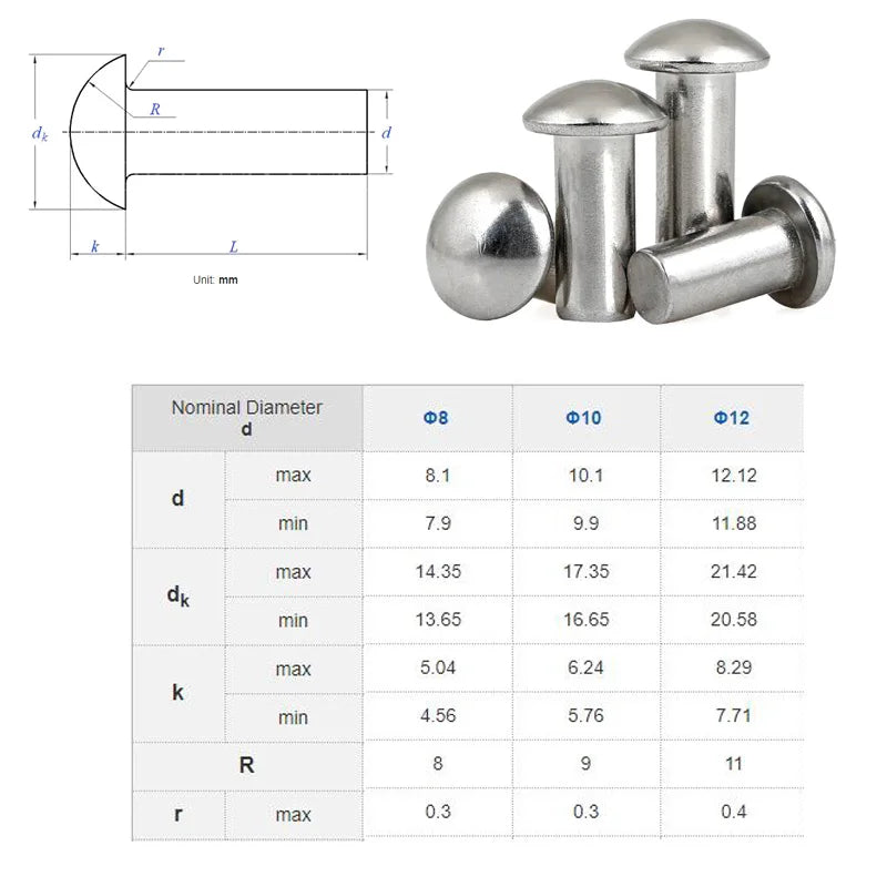 10Pcs Stainless Steel Round Head Solid Rivet M8 M10 M12 Mushroom Head Rivet Semi-round Head Hammer Type Solid Rivet GB867