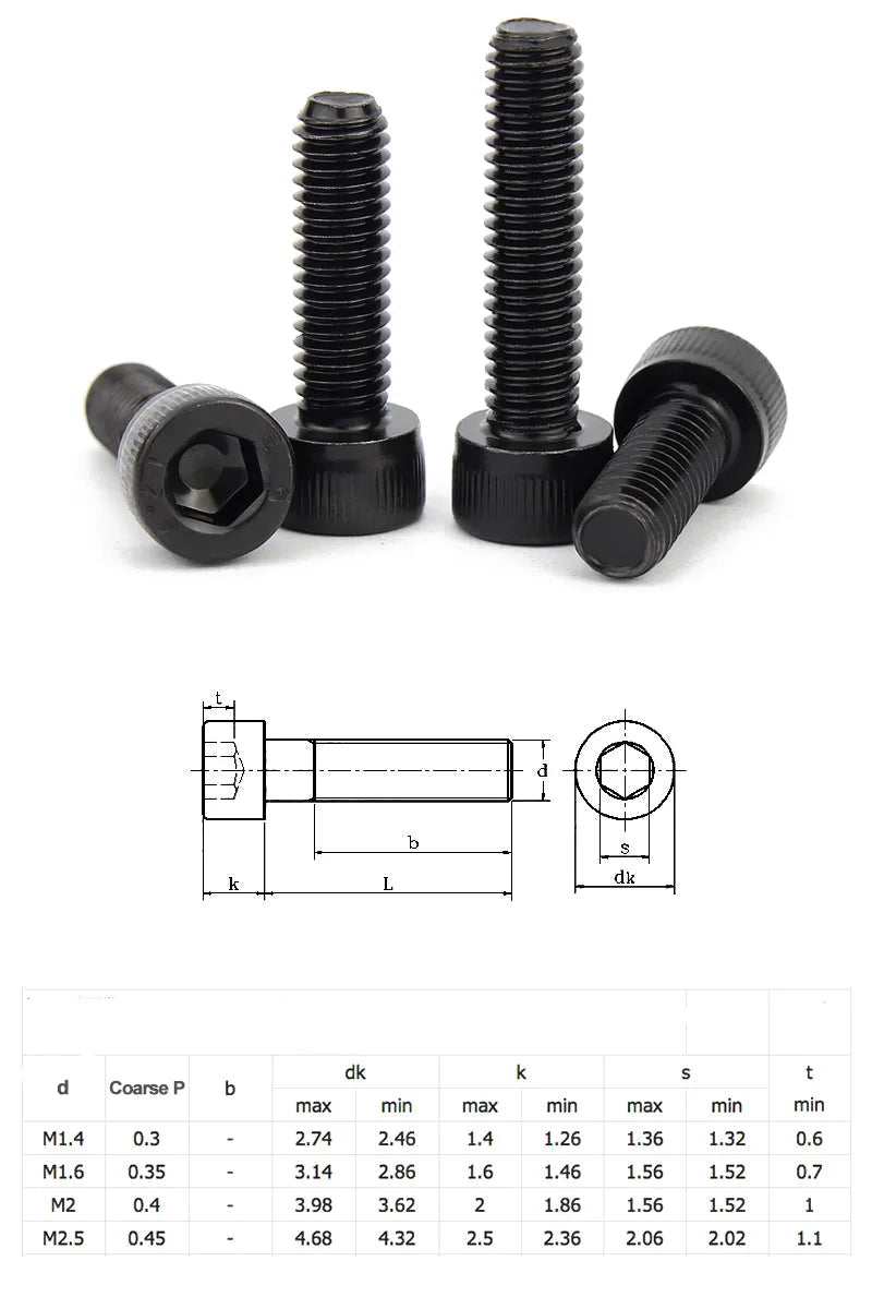 100Pcs Carbon Steel 12.9 Grade Hexagon Hex Socket Head Screw Allen Black Full Screw M1.4 M1.6 M2 M2.5 Length 3~20mm Mini Screws