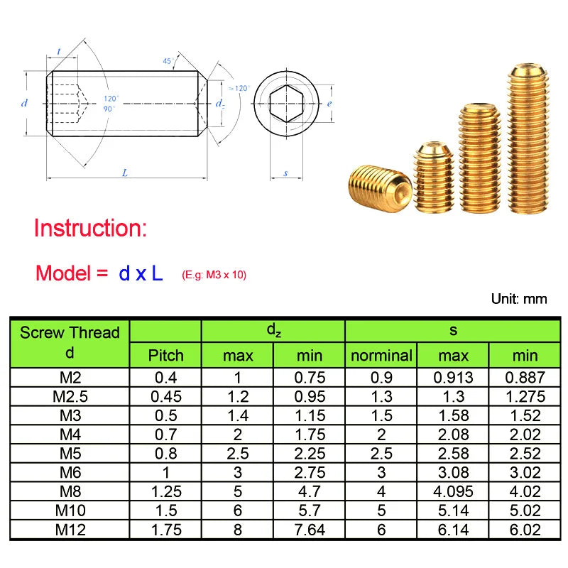 X pcs Brass Hex Socket Set Screws M2 M2.5 M3 M4 M5 M6 M8 M10 M12 Metric Copper Hexagon Socket Grub Screws With Cup Point