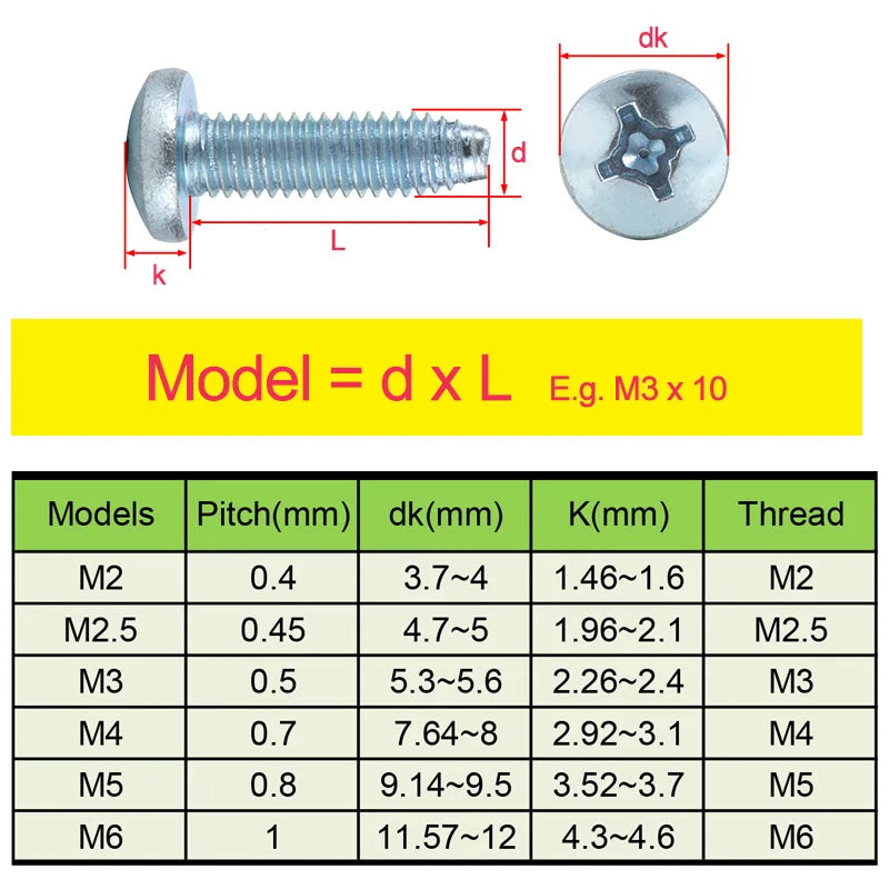 Xpcs Carbon Steel Cross Recessed Pan Head Thread Forming Screws Phillips Rolling Screws M2/2.5/3/4/5/6 Self-tapping Lock Screws