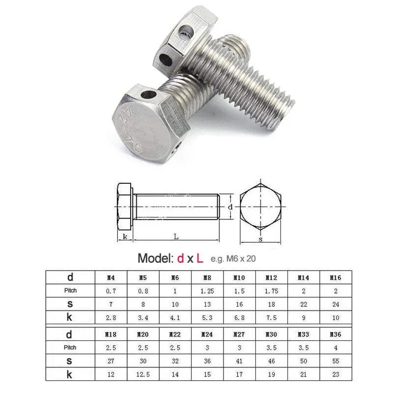60pcs M6x12 Outer Hexagonal Head with Hole Bolt 304 Stainless Steel GB32.1 Through Steel Wire Hole Safety Screw