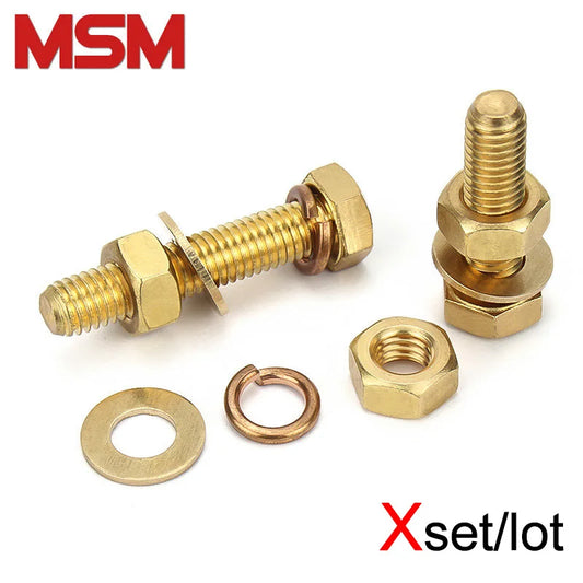 Xset 4in1 Brass Outer Hexagonal Bolt Screw Nut Flat Washer Elastic Washer Combination Copper Screw DIN933 M3 M4 M5 M6 M8 M10 M12