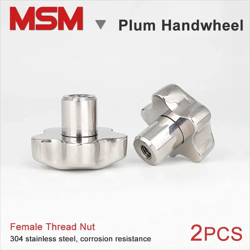 2pcs MSM Plum Handwheel M6/M8/M10/M12/M14/M16mm Stainless Steel Female Thread Star Shaped Through Hole Clamping Nut Knobs