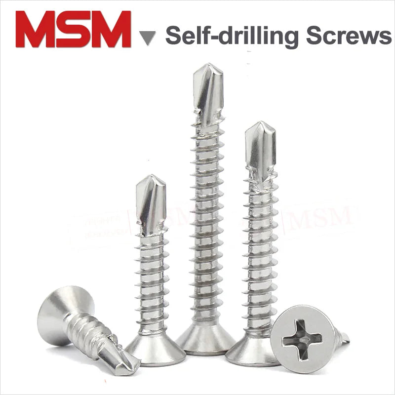 100 Pcs Stainless Steel Flat Head Countersunk Phillips/Cross Self-drilling Self Tapping Screw M3.5 M3.9 M4.2 M4.8 M5.5