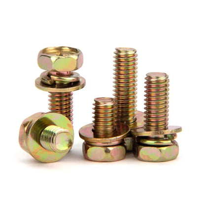 100pcs Carbon Steel Color Zinc Cross Recessed Hexagon Bolt with Single Coil Lock Washer and Plain Washer M3 M4 M5 M6 M8 M10