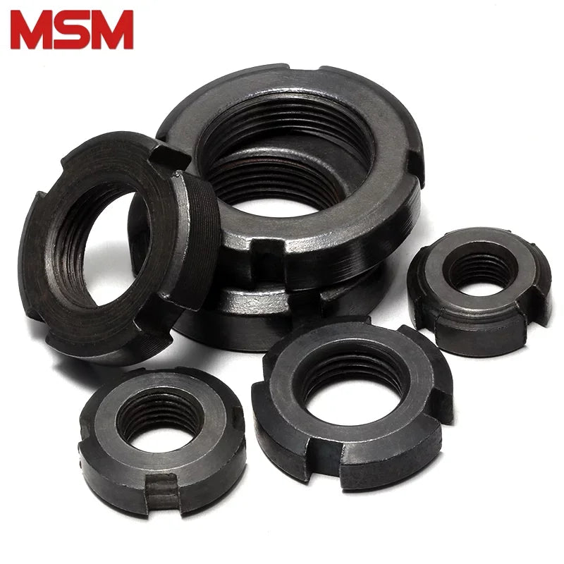 10pcs 8.8 Grade Slotted Round Locking Nuts 45# Steel High Stength M10~M45 Fine Thread GB812 Four Slots Anti-return Round Nut