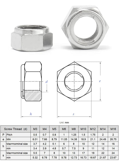 10 Pcs Stainless Steel All Metal Insert Hexagon Lock Nut Prevailing Torque Type Hex Self Locking Nut M3 M4 M5 M6 M8 M10 M12 M14