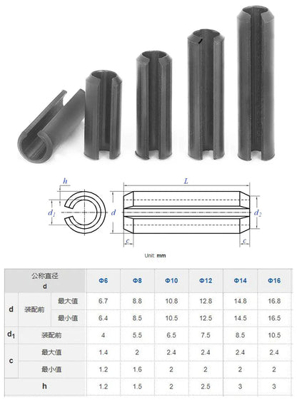 65Mn Carbon Steel Heavy Duty Split Spring Dowel Cylindrical Cotter Pin M6/8/10/12/14/16 Black Straight Slotted Spring Pin