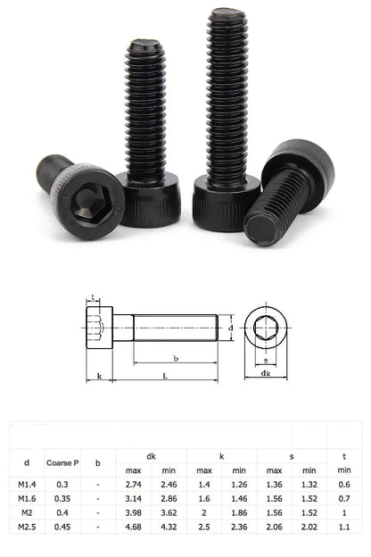 100Pcs Carbon Steel 12.9 Grade Hexagon Hex Socket Head Screw Allen Black Full Screw M1.4 M1.6 M2 M2.5 Length 3~20mm Mini Screws