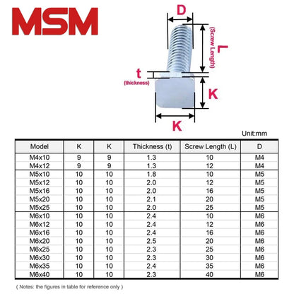 100pcs Square Flat Head Bolts 4.8 Level Galvanized T Shape Screw Stud M4 M5 M6 Chute Rail Track Quadrate Hammer Head T-Slot Bolt