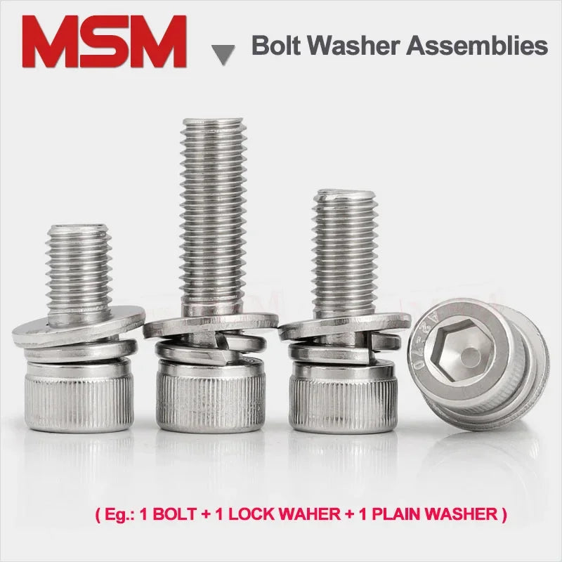 Stainless Steel Inner Hexagon Round Head Screw Flat Plain Washer Single Coil Spring Gasket Assemblies Bolt M2.5 M3 M4 M5 M6 M8