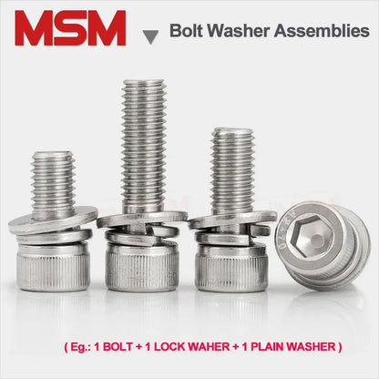 Stainless Steel Inner Hexagon Round Head Screw Flat Plain Washer Single Coil Spring Gasket Assemblies Bolt M2.5 M3 M4 M5 M6 M8
