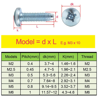 Xpcs Carbon Steel Cross Recessed Pan Head Thread Forming Screws Phillips Rolling Screws M2/2.5/3/4/5/6 Self-tapping Lock Screws