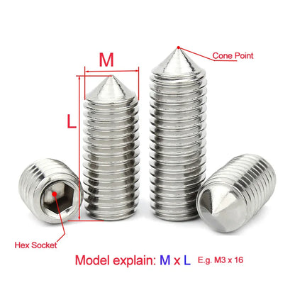 Xpcs/lot M3 M4 M5 M6 M8 Hexagon Socket Set Screws with Cone Point 304 Stainless Steel Fixed Headless Tip Grub Screw DIN914
