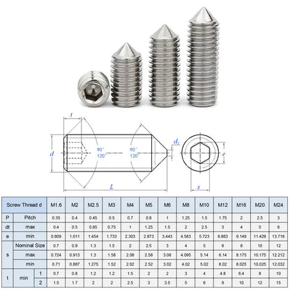 Xpcs/lot M3 M4 M5 M6 M8 Hexagon Socket Set Screws with Cone Point 304 Stainless Steel Fixed Headless Tip Grub Screw DIN914